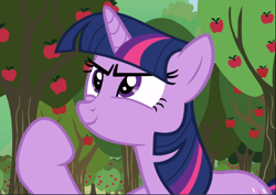 Size: 1324x940 | Tagged: safe, screencap, character:twilight sparkle, character:twilight sparkle (unicorn), species:pony, species:unicorn, episode:the super speedy cider squeezy 6000, g4, my little pony: friendship is magic, apple tree, cropped, determined, female, mare, smiling, solo, tree