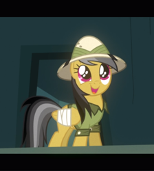 Size: 840x938 | Tagged: safe, screencap, character:daring do, species:pegasus, species:pony, episode:read it and weep, g4, my little pony: friendship is magic, balcony, bandage, bandaged wing, clothing, cropped, cute, daring dorable, eye shimmer, female, happy, hat, looking up, mare, open mouth, pith helmet, shirt, smiling, solo