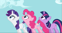 Size: 1517x825 | Tagged: safe, screencap, character:pinkie pie, character:rarity, character:twilight sparkle, character:twilight sparkle (unicorn), species:earth pony, species:pony, species:unicorn, episode:read it and weep, g4, my little pony: friendship is magic, :o, cute, diapinkes, female, impressed, looking up, mare, open mouth, raribetes, trio, twiabetes
