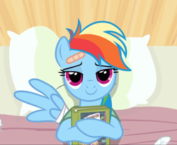 Size: 1140x938 | Tagged: safe, screencap, character:rainbow dash, species:pegasus, species:pony, episode:read it and weep, g4, my little pony: friendship is magic, bandage, bed, book, cropped, female, lidded eyes, lying down, mare, pillow, smiling, solo