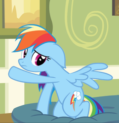 Size: 906x938 | Tagged: safe, screencap, character:rainbow dash, species:pegasus, species:pony, episode:read it and weep, g4, my little pony: friendship is magic, cropped, cute, female, floppy ears, mare, pillow, raised hoof, sad, sadorable, sitting, solo, spread wings, wings