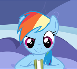 Size: 1050x940 | Tagged: safe, screencap, character:rainbow dash, species:pegasus, species:pony, episode:read it and weep, g4, my little pony: friendship is magic, book, cropped, female, holding, mare, smiling, solo