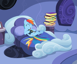 Size: 841x704 | Tagged: safe, screencap, character:rainbow dash, species:pegasus, species:pony, episode:read it and weep, g4, my little pony: friendship is magic, bedroom, book, cropped, cute, dashabetes, excited, eyes closed, female, laying on bed, mare, open mouth, rainbow dash's bedroom, smiling, solo