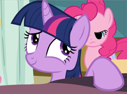 Size: 1059x789 | Tagged: safe, screencap, character:pinkie pie, character:twilight sparkle, character:twilight sparkle (unicorn), species:earth pony, species:pony, species:unicorn, episode:read it and weep, g4, my little pony: friendship is magic, cropped, female, mare, raised hoof, smiling, solo