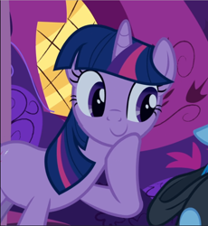 Size: 866x940 | Tagged: safe, screencap, character:rainbow dash, character:twilight sparkle, character:twilight sparkle (unicorn), species:pegasus, species:pony, species:unicorn, episode:read it and weep, g4, my little pony: friendship is magic, cropped, cute, female, golden oaks library, hoof on chin, mare, offscreen character, raised hoof, smiling, solo focus, twiabetes