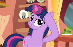 Size: 1440x938 | Tagged: safe, screencap, character:twilight sparkle, character:twilight sparkle (unicorn), species:pony, species:unicorn, episode:read it and weep, g4, my little pony: friendship is magic, cropped, female, glowing horn, golden oaks library, hoof on head, raised eyebrow, smiling, solo