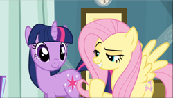 Size: 1668x939 | Tagged: safe, screencap, character:fluttershy, character:twilight sparkle, character:twilight sparkle (unicorn), species:pegasus, species:pony, species:unicorn, episode:read it and weep, g4, my little pony: friendship is magic, cropped, duo, female, mare, raised eyebrow, raised hoof, smiling, smug, spread wings, wings