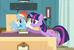 Size: 1388x938 | Tagged: safe, screencap, character:rainbow dash, character:twilight sparkle, character:twilight sparkle (unicorn), species:pegasus, species:pony, species:unicorn, episode:read it and weep, g4, my little pony: friendship is magic, bandage, bed, book, cropped, duo, female, hospital, looking at each other, lying down, mare, raised hoof
