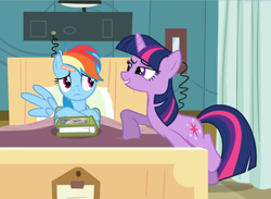 Size: 1278x938 | Tagged: safe, screencap, character:rainbow dash, character:twilight sparkle, character:twilight sparkle (unicorn), species:pegasus, species:pony, species:unicorn, episode:read it and weep, g4, my little pony: friendship is magic, bandage, bed, book, cropped, duo, female, hospital, leaning, looking at each other, lying down, mare, raised hoof, smiling, smirk