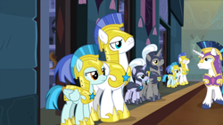 Size: 1280x720 | Tagged: safe, screencap, character:guardian angel, character:shining armor, species:pegasus, species:pony, species:unicorn, episode:sparkle's seven, g4, my little pony: friendship is magic, armor, colored hooves, female, guardsmare, helmet, hooves, horn, male, mare, royal guard, royal guard armor, stallion, wings