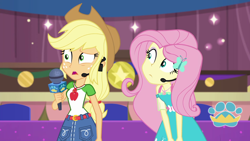 Size: 1920x1080 | Tagged: safe, screencap, character:applejack, character:fluttershy, episode:best in show: the victory lap, g4, my little pony:equestria girls, geode of fauna, geode of super strength, magical geodes, microphone