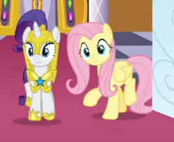 Size: 331x270 | Tagged: safe, screencap, character:fluttershy, character:rarity, species:pegasus, species:pony, species:unicorn, episode:sparkle's seven, g4, my little pony: friendship is magic, armor, armorarity, cropped, duo, female, helmet, hoof shoes, mare, royal guard armor, royal guard rarity