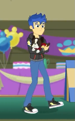 Size: 347x560 | Tagged: safe, screencap, character:flash sentry, species:dog, episode:best in show: the victory lap, g4, my little pony:equestria girls, banana (dog), boston terrier, clothing, converse, cropped, hoodie, male, pants, shoes, sneakers