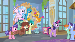 Size: 1600x900 | Tagged: safe, screencap, character:gallus, character:november rain, character:ocellus, character:peppermint goldylinks, character:sandbar, character:silverstream, character:smolder, character:twilight sparkle, character:twilight sparkle (alicorn), character:yona, species:alicorn, species:changedling, species:changeling, species:classical hippogriff, species:dragon, species:earth pony, species:hippogriff, species:pegasus, species:pony, species:reformed changeling, species:unicorn, species:yak, episode:she's all yak, g4, my little pony: friendship is magic, season 9, background pony, cloven hooves, dragoness, female, friendship student, male, mare, ponies standing next to each other, stallion, student six