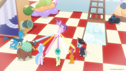Size: 1600x900 | Tagged: safe, screencap, character:gallus, character:ocellus, character:sandbar, character:silverstream, character:smolder, character:tree of harmony, character:treelight sparkle, character:twilight sparkle, character:yona, species:alicorn, species:changedling, species:changeling, species:classical hippogriff, species:dragon, species:earth pony, species:griffon, species:hippogriff, species:pony, species:reformed changeling, species:yak, episode:uprooted, g4, my little pony: friendship is magic, blueberry, clothing, cloven hooves, dragoness, female, food, graduation cap, hat, male, mare, student six, teenager, tree of harmony, treelight sparkle
