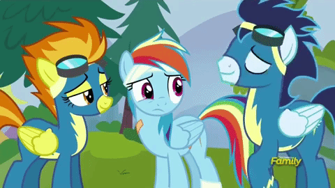 Size: 480x270 | Tagged: safe, screencap, character:rainbow dash, character:soarin', character:spitfire, species:pony, episode:newbie dash, g4, my little pony: friendship is magic, animated, bandage, clothing, uniform, wonderbolts uniform