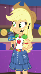 Size: 564x1004 | Tagged: safe, screencap, character:applejack, episode:best in show: the victory lap, g4, my little pony:equestria girls, applejack's hat, clothing, cowboy hat, cropped, geode of super strength, hat, headset, magical geodes, microphone
