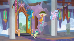 Size: 1914x1069 | Tagged: safe, screencap, character:gallus, character:ocellus, character:sandbar, character:silverstream, character:smolder, character:somnambula, species:changedling, species:changeling, species:classical hippogriff, species:dragon, species:earth pony, species:griffon, species:hippogriff, species:pony, species:reformed changeling, episode:uprooted, g4, my little pony: friendship is magic, season 9, dragoness, female, flying, male, school of friendship, teenager