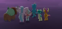 Size: 341x163 | Tagged: safe, screencap, character:gallus, character:ocellus, character:sandbar, character:silverstream, character:smolder, character:yona, species:changedling, species:changeling, species:classical hippogriff, species:earth pony, species:hippogriff, species:pony, species:reformed changeling, episode:uprooted, g4, my little pony: friendship is magic, season 9, cropped, female, male, picture for breezies, student six