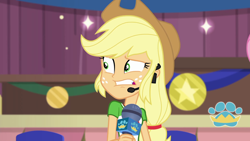 Size: 1920x1080 | Tagged: safe, screencap, character:applejack, episode:best in show: the victory lap, g4, my little pony:equestria girls, clothing, cowboy hat, hat, microphone