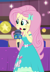 Size: 659x945 | Tagged: safe, screencap, character:fluttershy, episode:best in show: the victory lap, g4, my little pony:equestria girls, clothing, cropped, female, geode of fauna, magical geodes, microphone, solo