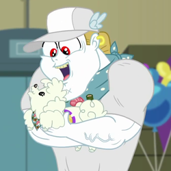 Size: 670x670 | Tagged: safe, screencap, character:bulk biceps, species:dog, episode:best in show: the victory lap, g4, my little pony:equestria girls, cropped, glee, happy, poodle, unbridled joy, wooyoo