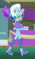 Size: 550x920 | Tagged: safe, screencap, character:trixie, species:dog, episode:best in show: the victory lap, g4, my little pony:equestria girls, boots, clothing, cropped, cute, diatrixes, high heel boots, kneesocks, legs, shoes, skirt, smiling, socks, trixie's dog, waving