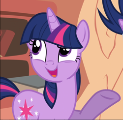 Size: 964x939 | Tagged: safe, screencap, character:twilight sparkle, character:twilight sparkle (unicorn), species:pony, species:unicorn, episode:it's about time, g4, my little pony: friendship is magic, cropped, female, golden oaks library, offscreen character, open mouth, raised eyebrow, smiling, solo focus