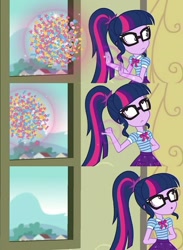 Size: 736x1006 | Tagged: safe, screencap, character:twilight sparkle, character:twilight sparkle (scitwi), species:eqg human, episode:best trends forever, g4, my little pony:equestria girls, best trends forever: pinkie pie, confetti, cyoa, defenestration, geode of telekinesis, glasses, magic, magical geodes, ponytail, telekinesis