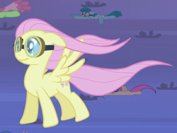Size: 880x660 | Tagged: safe, screencap, character:fluttershy, character:spring melody, character:sprinkle medley, species:pegasus, species:pony, episode:hurricane fluttershy, g4, my little pony: friendship is magic, background pony, bons away, cropped, cute, female, floppy ears, flying, goggles, mare, shyabetes, slipstream, smiling, solo focus, windswept mane, windswept tail