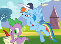 Size: 1288x938 | Tagged: safe, screencap, character:rainbow dash, character:spike, species:pegasus, species:pony, episode:hurricane fluttershy, g4, my little pony: friendship is magic, coach rainbow dash, cropped, duo, fangs, female, flying, lidded eyes, male, mare, notepad, quill, raised hoof, smiling, spread wings, wings, writing