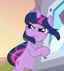 Size: 836x938 | Tagged: safe, screencap, character:twilight sparkle, character:twilight sparkle (unicorn), species:pony, species:unicorn, episode:hurricane fluttershy, g4, my little pony: friendship is magic, bipedal, cropped, female, holding on, narrowed eyes, solo, wind, windswept mane, windswept tail