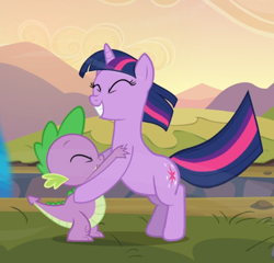 Size: 914x878 | Tagged: safe, screencap, character:spike, character:twilight sparkle, character:twilight sparkle (unicorn), species:dragon, species:pony, species:unicorn, episode:hurricane fluttershy, g4, my little pony: friendship is magic, bipedal, cropped, cute, duo, eyes closed, female, happy, holding each other, male, spikabetes, twiabetes, windswept mane, windswept tail