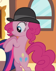 Size: 642x817 | Tagged: safe, screencap, character:pinkie pie, character:twilight sparkle, character:twilight sparkle (unicorn), species:earth pony, species:pony, species:unicorn, episode:mmmystery on the friendship express, g4, my little pony: friendship is magic, bipedal, bowler hat, clothing, cropped, female, hat, mare, offscreen character, raised hoof, solo focus