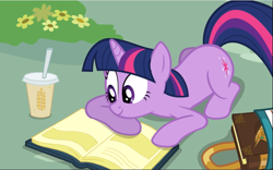 Size: 1511x941 | Tagged: safe, screencap, character:twilight sparkle, character:twilight sparkle (unicorn), species:pony, species:unicorn, episode:mmmystery on the friendship express, g4, my little pony: friendship is magic, book, cropped, cute, drink, faec, meme, prone, reading, saddle bag, smiling, solo, special eyes, twiabetes