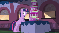 Size: 1669x942 | Tagged: safe, screencap, character:twilight sparkle, character:twilight sparkle (unicorn), species:pony, species:unicorn, episode:mmmystery on the friendship express, g4, my little pony: friendship is magic, bipedal, bipedal leaning, bite mark, cake, female, food, leaning, mare, marzipan mascarpone meringue madness, solo