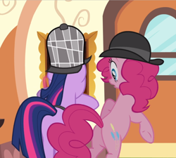 Size: 1044x938 | Tagged: safe, screencap, character:pinkie pie, character:twilight sparkle, character:twilight sparkle (unicorn), species:earth pony, species:pony, species:unicorn, episode:mmmystery on the friendship express, g4, my little pony: friendship is magic, balloonbutt, bipedal, butt, clothing, cropped, duo, female, hat, looking at something, mare, plot, raised hoof, rear view, underhoof