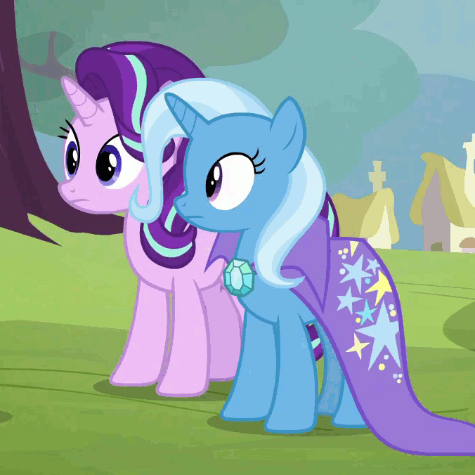 Size: 676x676 | Tagged: safe, screencap, character:starlight glimmer, character:trixie, species:pony, animated, blinking, looking at something
