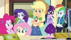 Size: 1920x1080 | Tagged: safe, screencap, character:applejack, character:fluttershy, character:pinkie pie, character:rainbow dash, character:rarity, character:twilight sparkle, character:twilight sparkle (scitwi), species:eqg human, episode:schedule swap, g4, my little pony:equestria girls, applejack's hat, celestia's office, clothing, cowboy hat, female, geode of shielding, geode of sugar bombs, geode of super speed, geode of super strength, geode of telekinesis, hat, humane five, humane six, magical geodes