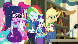 Size: 1920x1080 | Tagged: safe, screencap, character:applejack, character:fluttershy, character:pinkie pie, character:rainbow dash, character:rarity, character:twilight sparkle, character:twilight sparkle (scitwi), species:eqg human, episode:schedule swap, g4, my little pony:equestria girls, applejack's hat, celestia's office, cheering, clothing, cowboy hat, cute, faec, female, geode of shielding, geode of sugar bombs, geode of super speed, geode of super strength, geode of telekinesis, happy, hat, humane five, humane six, magical geodes, microphone, ponytail, stetson, twiabetes