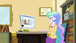 Size: 1920x1080 | Tagged: safe, screencap, character:applejack, character:princess celestia, character:principal celestia, episode:diy with applejack, episode:schedule swap, g4, my little pony:equestria girls, celestia's office, internet, microphone, monitor, not an edit, youtube