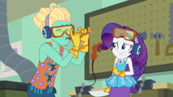 Size: 1920x1080 | Tagged: safe, screencap, character:rarity, character:zephyr breeze, episode:schedule swap, g4, my little pony:equestria girls, arms, clothing, drill, earmuffs, female, flute, geode of shielding, gloves, goggles, hammer, magical geodes, male, musical instrument, power tools, safety goggles, saw, tool board, vest, vise, workbench