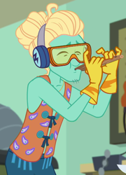 Size: 766x1063 | Tagged: safe, screencap, character:zephyr breeze, episode:schedule swap, g4, my little pony:equestria girls, arms, clothing, cropped, earmuffs, flute, gloves, goggles, male, musical instrument, safety goggles