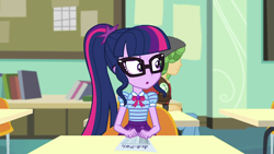 Size: 1920x1080 | Tagged: safe, screencap, character:sandalwood, character:twilight sparkle, character:twilight sparkle (scitwi), species:eqg human, episode:schedule swap, g4, my little pony:equestria girls, clothing, female, geode of telekinesis, glasses, magical geodes, male, ponytail