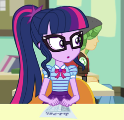 Size: 985x950 | Tagged: safe, screencap, character:sandalwood, character:twilight sparkle, character:twilight sparkle (scitwi), species:eqg human, episode:schedule swap, g4, my little pony:equestria girls, clothing, cropped, female, geode of telekinesis, glasses, magical geodes, male, ponytail