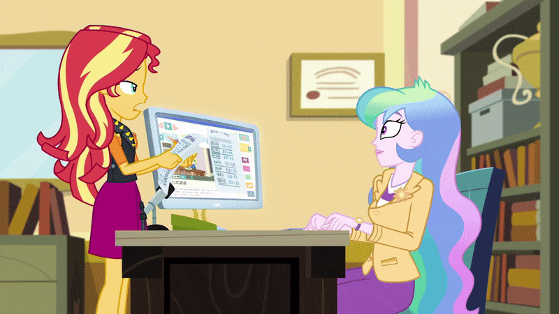 Size: 800x450 | Tagged: safe, screencap, character:applejack, character:princess celestia, character:principal celestia, character:sunset shimmer, episode:diy with applejack, episode:schedule swap, g4, my little pony:equestria girls, animated, breaking the fourth wall, celestia's office, facepalm, geode of empathy, iris out, magical geodes, raised eyebrow, sigh