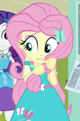 Size: 540x819 | Tagged: safe, screencap, character:fluttershy, character:rarity, episode:schedule swap, g4, my little pony:equestria girls, cropped, cute, geode of shielding, hair grab, magical geodes, shyabetes