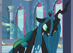 Size: 1294x938 | Tagged: safe, screencap, character:queen chrysalis, species:changeling, episode:a canterlot wedding, g4, my little pony: friendship is magic, changeling queen, cropped, evil grin, female, grin, looking out the window, quadrupedal, smiling, solo