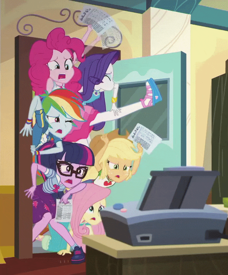 Size: 736x888 | Tagged: safe, screencap, character:applejack, character:fluttershy, character:pinkie pie, character:rainbow dash, character:rarity, character:twilight sparkle, character:twilight sparkle (scitwi), species:eqg human, episode:schedule swap, g4, my little pony:equestria girls, animated, applejack's hat, celestia's office, clothing, cowboy hat, cropped, door, female, geode of shielding, geode of super speed, geode of super strength, geode of telekinesis, glasses, hat, humane five, humane six, magical geodes