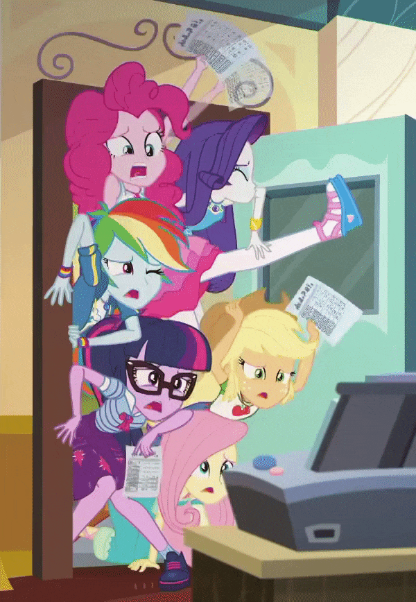 Size: 600x868 | Tagged: safe, screencap, character:applejack, character:fluttershy, character:pinkie pie, character:rainbow dash, character:rarity, character:twilight sparkle, character:twilight sparkle (scitwi), species:eqg human, episode:schedule swap, g4, my little pony:equestria girls, animated, applejack's hat, canterlot high, celestia's office, clothing, cowboy hat, cropped, door, female, geode of shielding, geode of super speed, geode of super strength, geode of telekinesis, gif, glasses, hat, humane five, humane six, magical geodes, pantyhose, so ridiculous it's funny, yelling